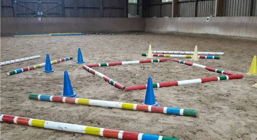 Bunte Stangen und blaue Kegel bilden einen Parcours in einer Reithalle. Der **Abstand der Trabstangen** ist für das Training eines Pferdes vorbereitet.
