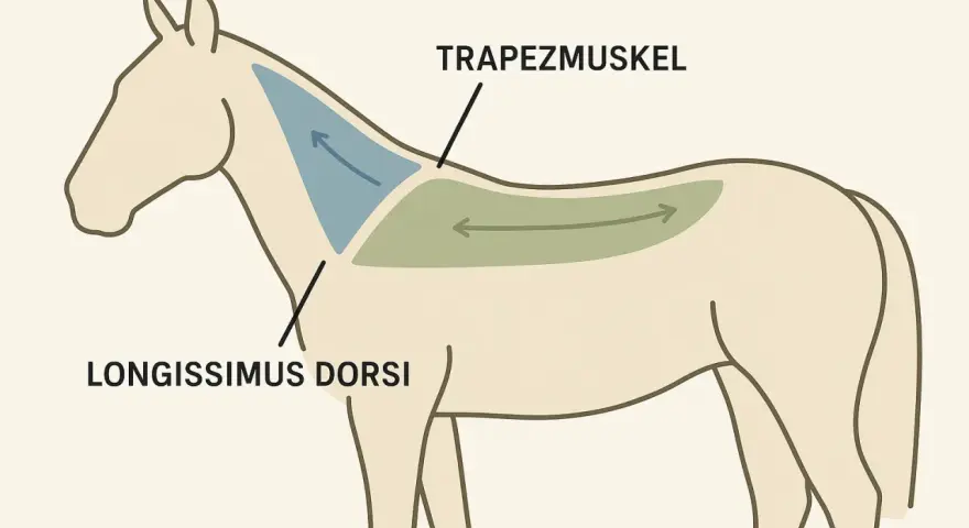 Schema zeigt Muskeln eines Pferdes: Trapezmuskel und Longissimus dorsi. Die ferse pferd ist hier nicht abgebildet.