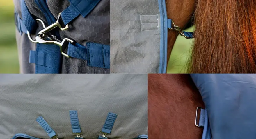 Nahaufnahme einer geschorenen braunen Pferdedecke mit stabilen Verschlüssen und dem "Rhino"-Logo.