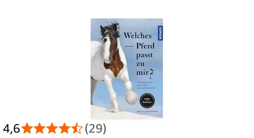 Ein Buchcover mit einem Pinto-Pferd, das die Frage "Welches Pferd passt zu mir?" stellt. Es beschreibt verschiedene Pferderassen.