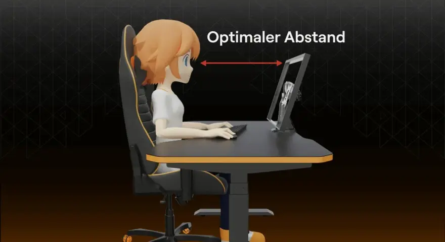 Ein Mädchen sitzt am Schreibtisch und hält den optimalen Abstand zum Monitor ein.