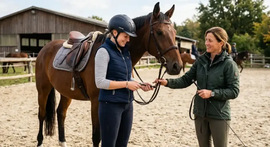 Eine Reiterin und ihre Trainerin am Pferd. Reiten ist schwer, aber mit guter Anleitung wird es leichter.