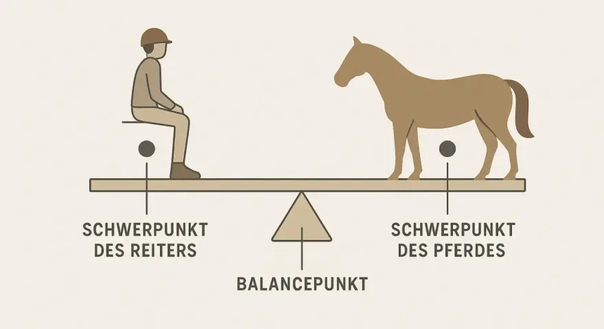 Balance pferd: Reiter und Pferd auf einer Waage, die ihre Schwerpunkte und den Balancepunkt zeigt.