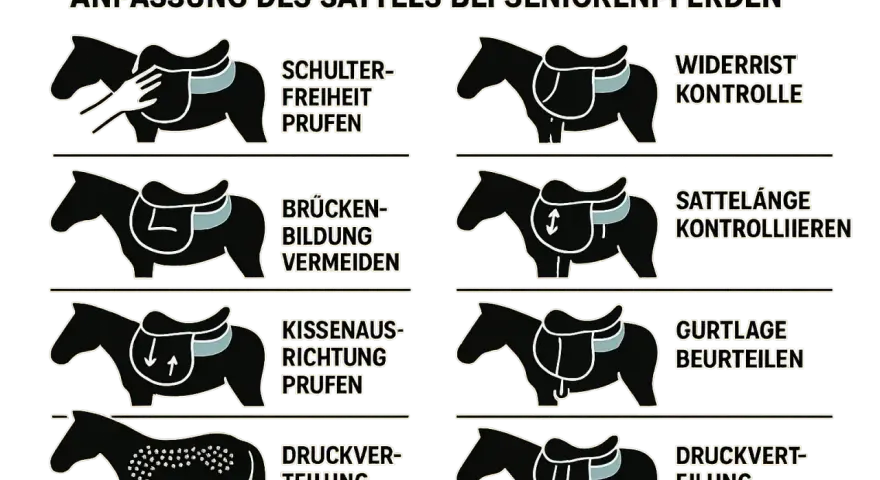 Illustrationen zeigen, wie man den Sattel anpassen kann: Schulterfreiheit, Widerristkontrolle, Brückenbildung vermeiden, Sattellänge, Kissenausrichtung, Gurtlage, Druckverteilung prüfen.