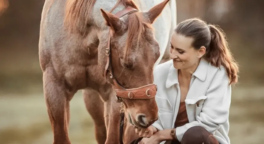 Eine Frau kniet neben einem braunen Pferd und streichelt es sanft. Selbst ein hektisches Pferd kann durch ruhiges Reiten und liebevolle Zuwendung gezähmt werden.
