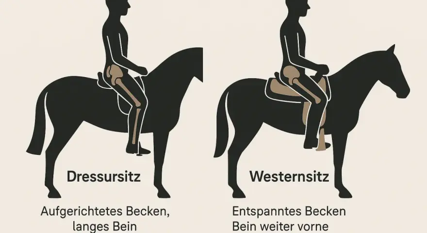 Illustrationen zeigen Dressur- und Westernsitz. Beim Westernsitz ist das Becken entspannt, das Bein weiter vorne durch die Fenderposition, ideal zum Ausmessen des westernsattels.