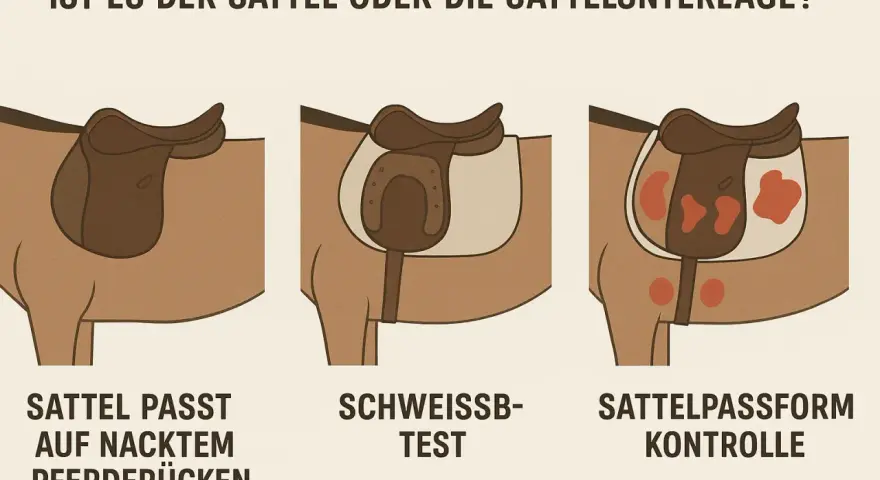 Illustrationen zeigen, wie man prüft, ob ein Sattel passt. Ein nasses Pferd satteln ist nur der Anfang, um Druckstellen zu vermeiden.