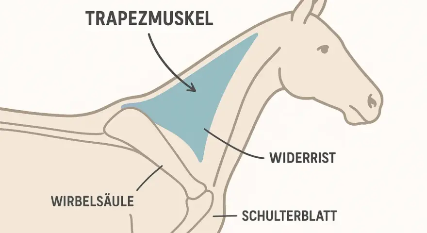 Illustration zeigt den Trapezmuskel eines Pferdes, wichtig für die Schulterfreiheit.