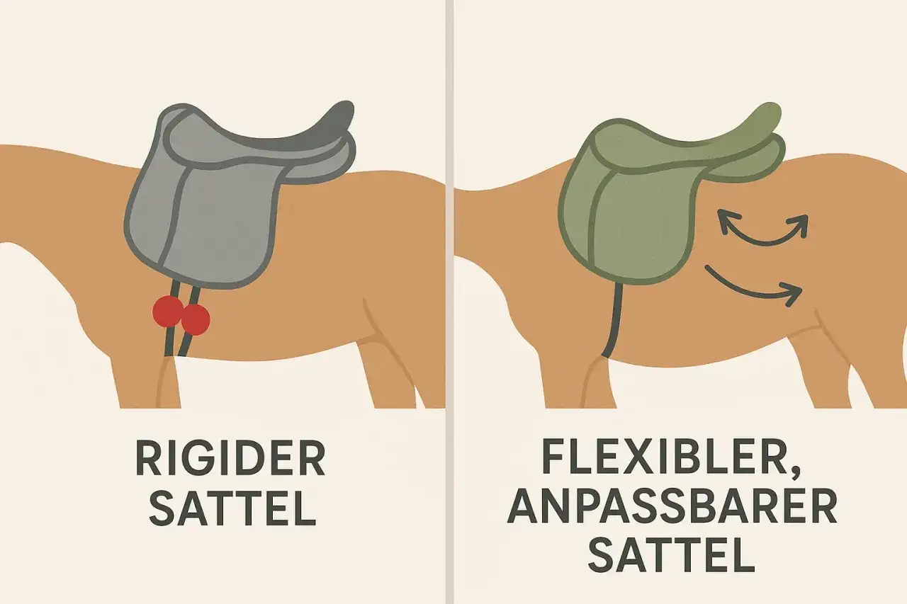 Vergleich von starren und flexiblen Sätteln. Ein starrer Sattel liegt fest auf, ein flexibler Sattel passt sich dem Pferderücken an.