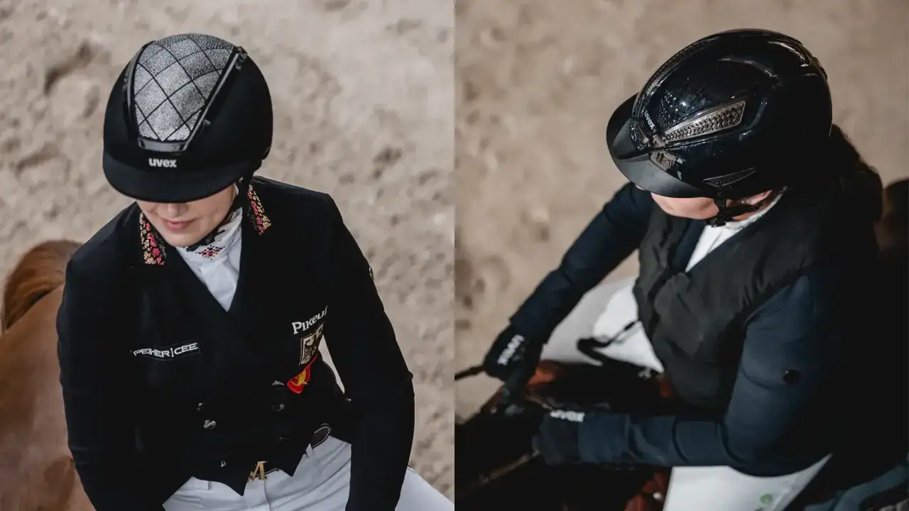 Der Unterschied zwischen Reithelm und Fahrradhelm wird hier deutlich: zwei Reiterinnen mit unterschiedlichen Helmen.