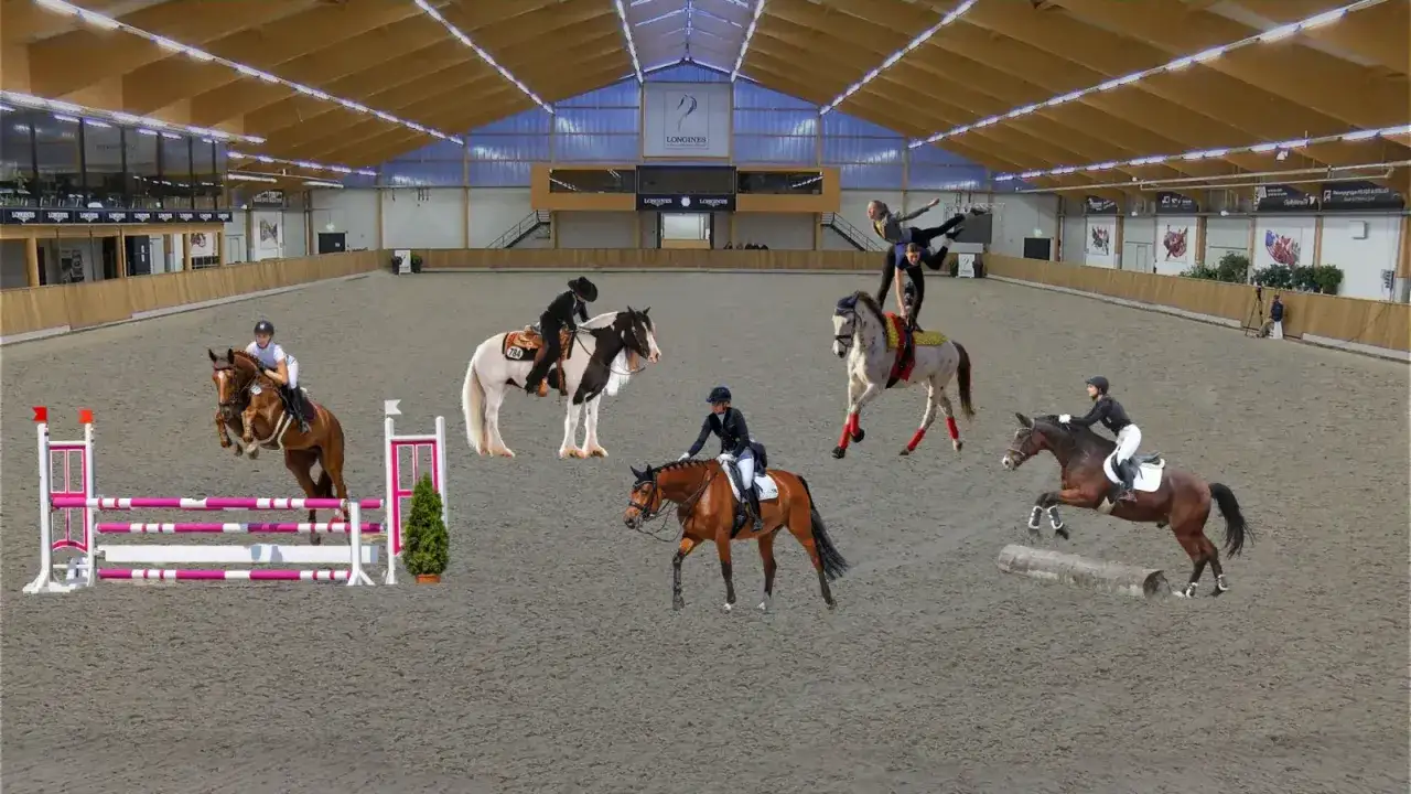Vielfalt der pferde sportarten: Springreiten, Voltigieren und mehr in einer Reithalle.