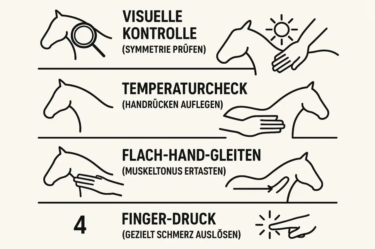 Illustrationen zeigen, wie man ein Pferd untersucht: visuelle Kontrolle, Temperaturcheck, Flachhandgleiten und Fingerdruck. Kein buckelndes Pferd zu sehen.