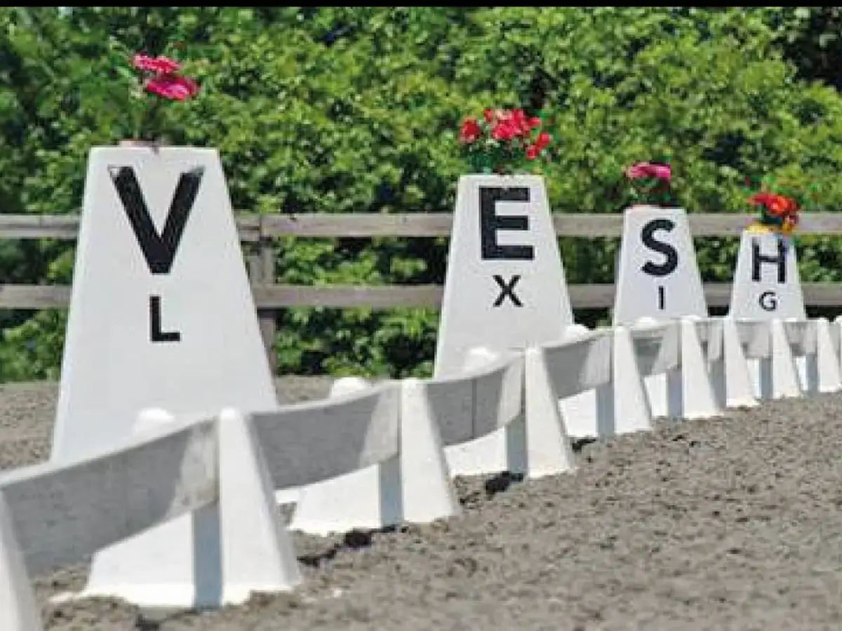 Reithalle mit weißen Markierungen, die Buchstaben wie V, L, E, X, S, I, H, G tragen. Blumen schmücken einige der Kegel.