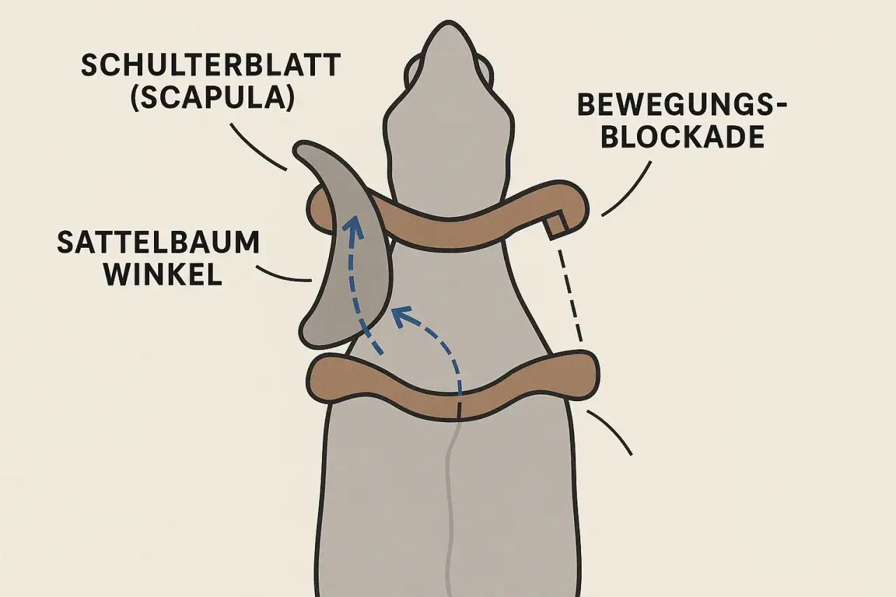 Illustration zeigt, wie ein Westernsattel das Schulterblatt (Scapula) blockiert und die Bewegung einschränkt.