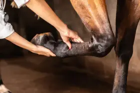 Tierärztin untersucht das Vorderbein eines Pferdes, das nach vorne entlastet wird.