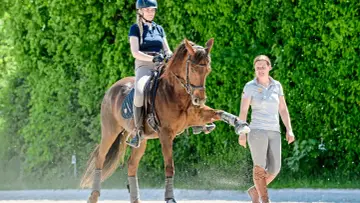 Ein Quarter Horse in Dressur-Training hebt sein Bein, während die Reiterin und die Trainerin aufmerksam zusehen.