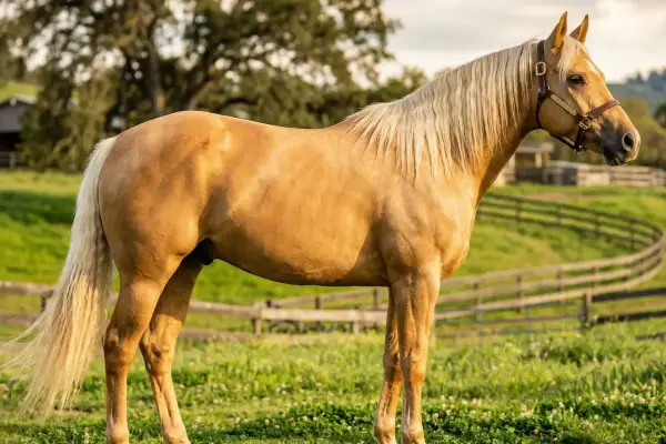 Ein Palomino-Pferd, eine wunderschöne Pferderasse mit hellem Fell und cremefarbener Mähne, steht auf einer grünen Weide.