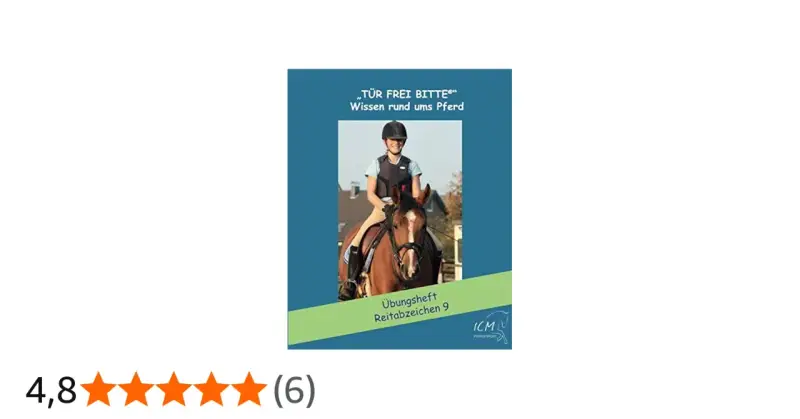 Ein Mädchen mit Helm und Weste reitet auf einem braunen Pferd. Das Übungsheft "Reitabzeichen 9" hilft beim Lernen für das kleine Reitabzeichen.