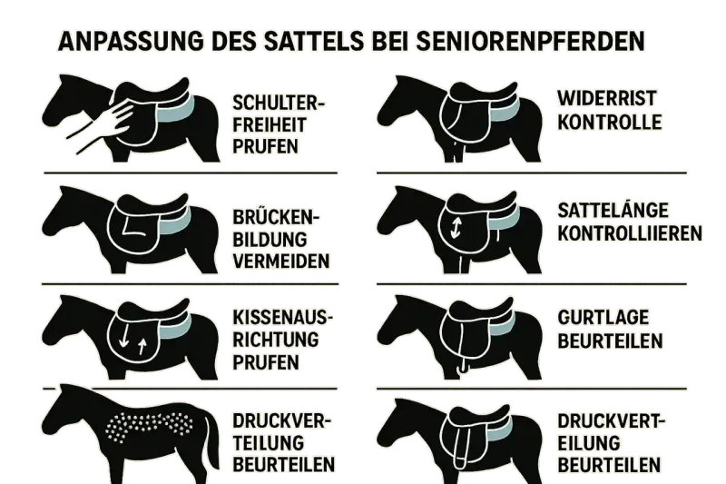 Illustrationen zeigen, wie man den Sattel anpassen kann: Schulterfreiheit, Widerristkontrolle, Brückenbildung vermeiden, Sattellänge, Kissenausrichtung, Gurtlage, Druckverteilung prüfen.